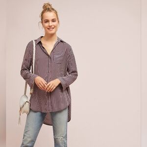 Anthropologie Maeve Adelaide Preppy Striped Relaxed Fit Tunic Button Down Shirt